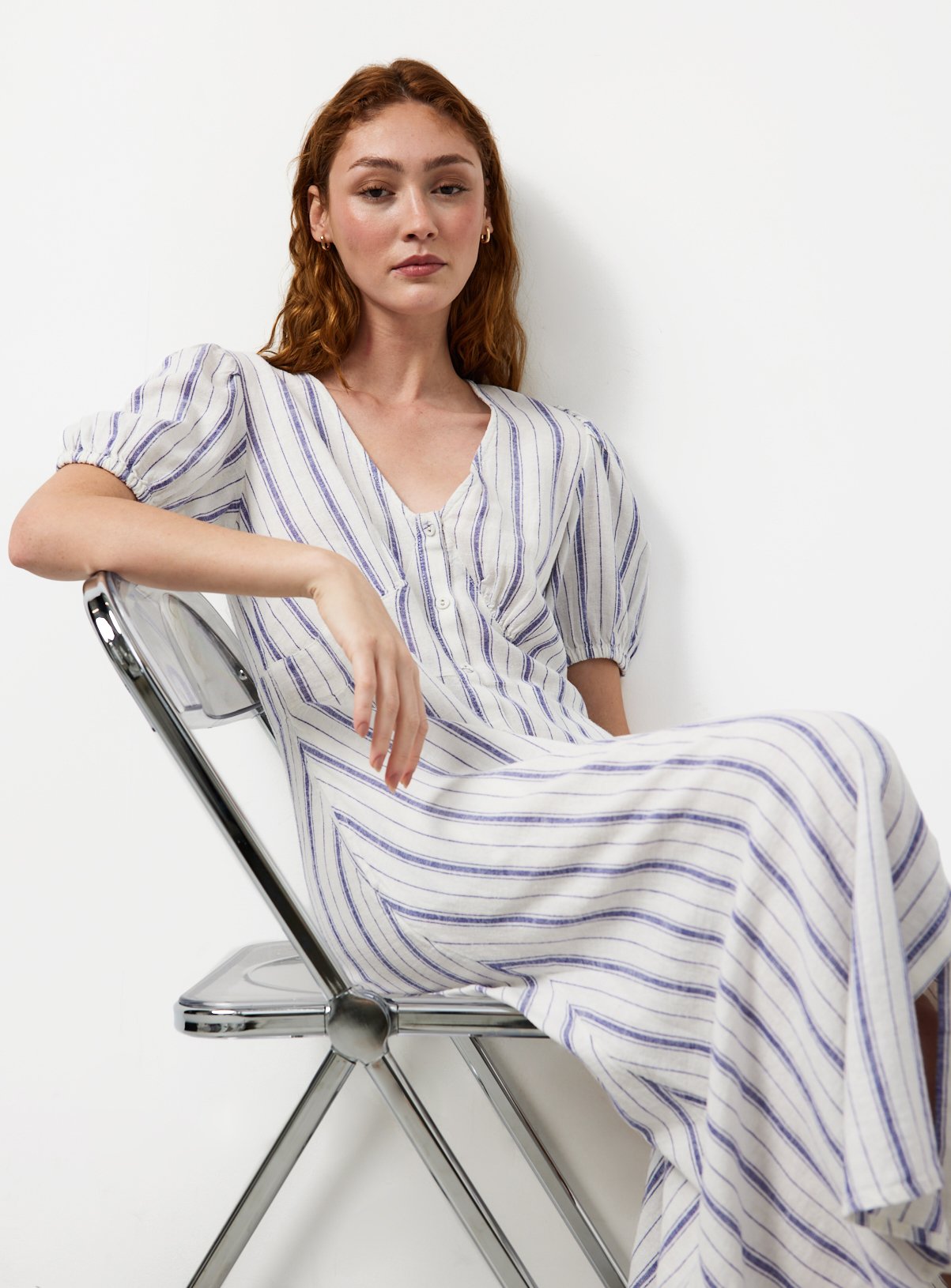 White Stripe Print Linen Blend Midaxi Dress 8 - Image 1 thumbnail